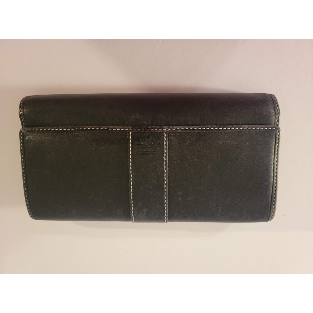 Coach Hamilton Black Leather Trifold Wallet Checkbook Change Zip Credit Card